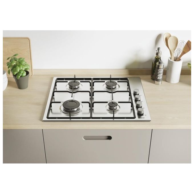 Candy CHW6LX Idea Piano cottura gas 60 cm 4 fuochi accensione automatica griglie smaltate colore Inox