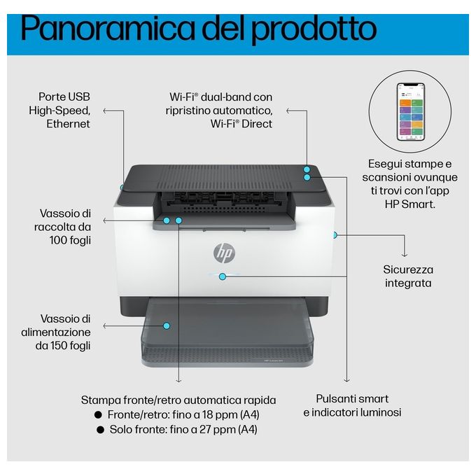 HP 8J9K9F#B19 LaserJet M207dw Stampante Laser Monocromatica A4 Fronte Retro Automatica 27 ppm Wi-Fi Ethernet USB colore Grigio