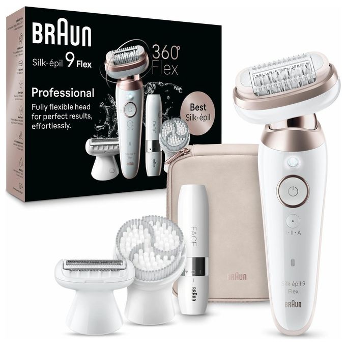 Braun SES9-360 Silk-épil 9 Flex Epilatore Elettrico Donna Wet and Dry 40 pinzette MicroGrip 2 velocita' autonomia 50 min colore Bianco Rosa