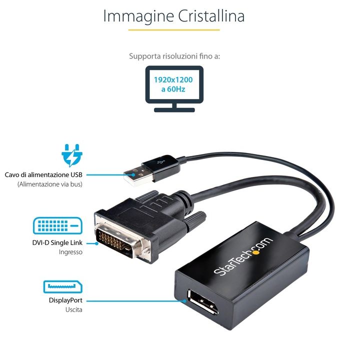 StarTech.com DVI2DP2 Adattatore DVI a DisplayPort Risoluzione 1920x1200 Alimentato USB colore Nero