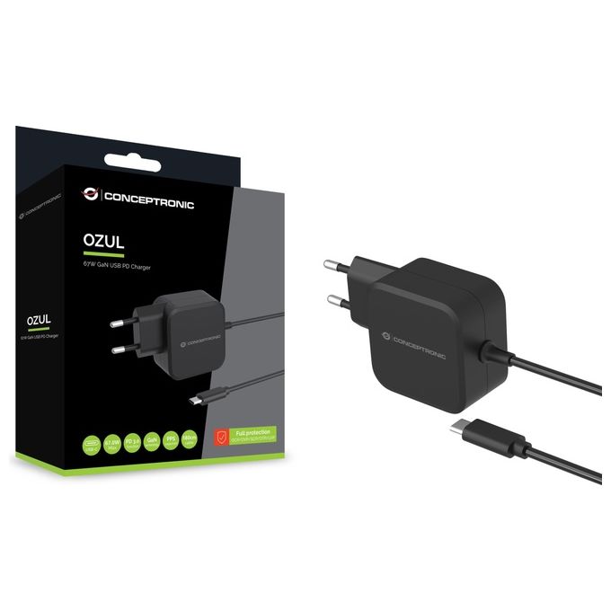 Conceptronic OZUL04BE Caricabatterie USB PD 67W GaN con Cavo USB C Integrato 180 cm colore Nero