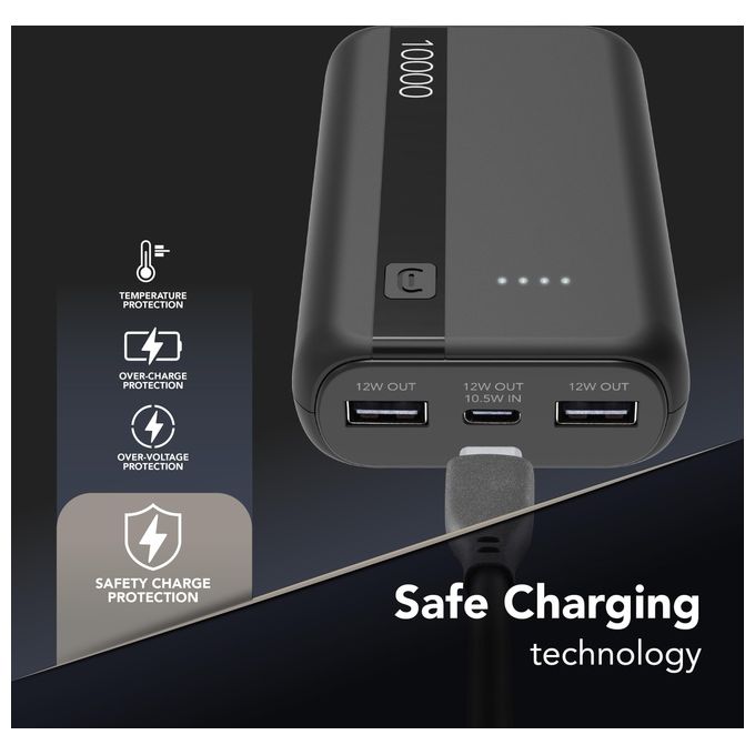 Cellular Line Power Bank 10000 mAh Input USB-C 10.5W Output 2xUSB 12W Li-ion LED luminosi indicano carica residua Nero