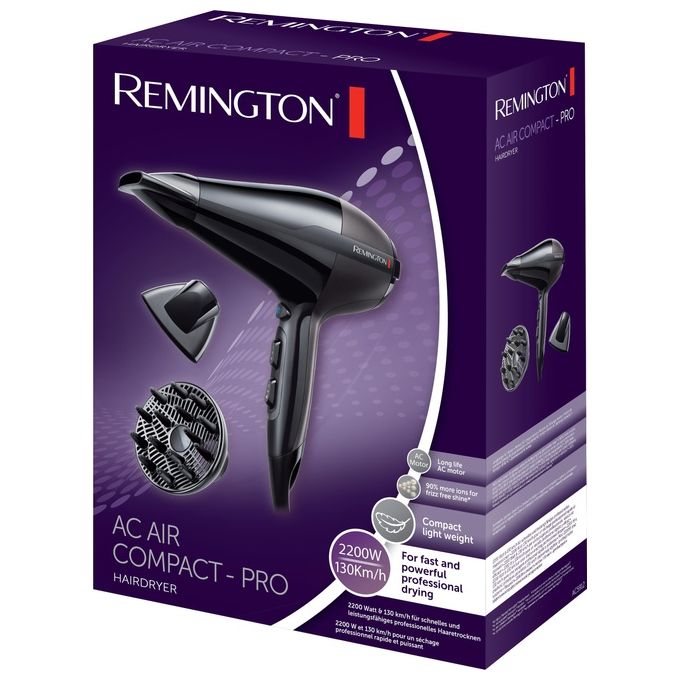 Remington AC5912 Air Compact Asciugacapelli 2200 W Ionico Motore AC 3 temperature 2 velocita' Concentratore Diffusore colore Nero