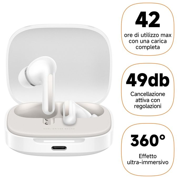 XIAOMI BHR9250GL Redmi Buds 6 Auricolari Wireless In-ear Cancellazione Attiva del Rumore 49dB Fino a 42h di Autonomia con Custodia Ricarica USB-C colore Bianco