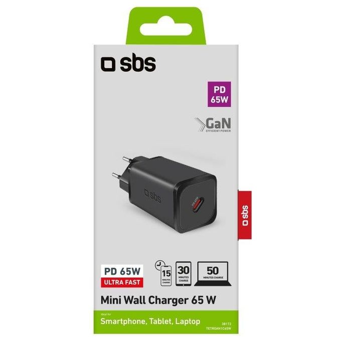 SBS TETRGAN1C65W Caricabatterie USB-C 65W Power Delivery GaN Ricarica Rapida Interno colore Nero