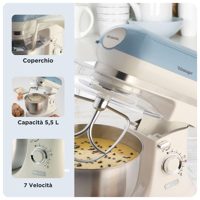Ariete 1588 Vintage Impastatrice Planetaria Capacita' 5,5 Litri Potenza 2400W 7 velocita' Azzurro Pastello-Bianco
