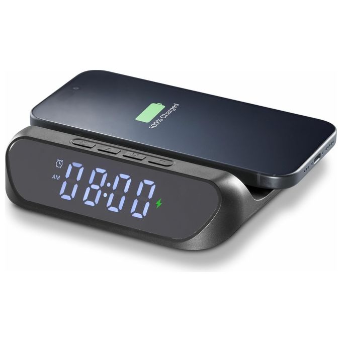Cellularline WIRELESSCLOCK2K Sveglia Digitale con Caricatore Wireless 15W display LCD USB colore Nero
