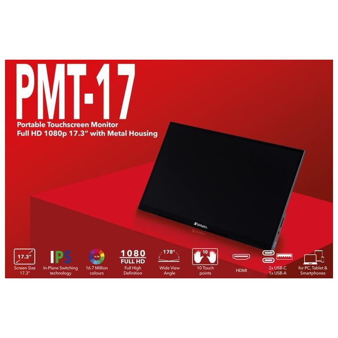 Verbatim 49593 PMT-17 Monitor Portatile Touch 17,3'' Full HD IPS LCD AMD FreeSync Altoparlanti colore Nero