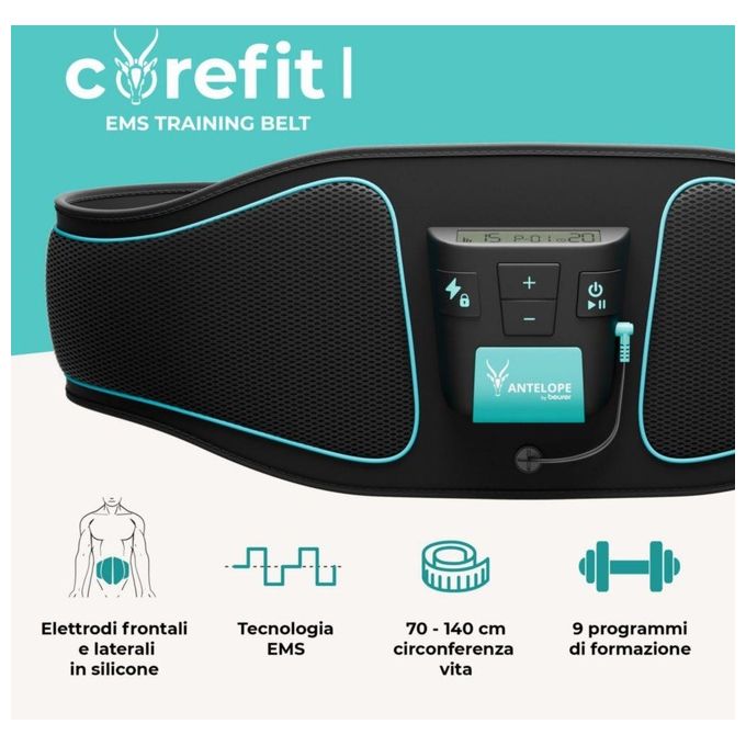 Beurer 88105 Corefit I Antelope Cintura Addominale EMS con 4 Elettrodi 9 Programmi Intensita' Regolabile da 0 a 40 colore Nero