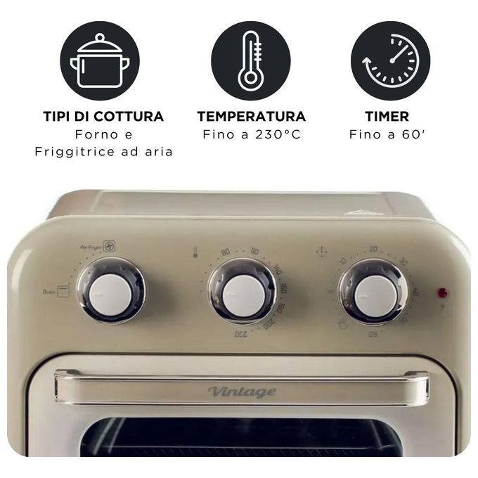 Ariete 4632 Friggitrice ad aria 2in1 con Forno Vintage 16 L 1400 W Timer 60 min Doppio Vetro Girarrosto colore Beige