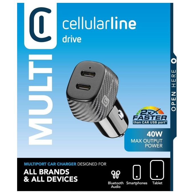 Cellularline CBRUSB2PD40WK Multipower DUO Caricabatterie Auto 2 Porte USB-C 40 W Potenza Totale colore Nero