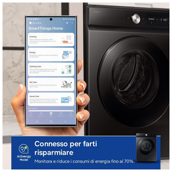 Samsung WW11DB7B94GBU3 BESPOKE AI Lavatrice Frontale 11 Kg 1400 rpm Classe A Ecodosatore Wi-Fi (85x60x60 cm) colore Nero
