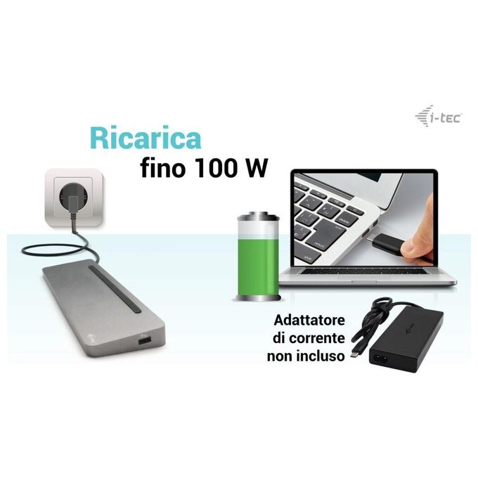 I-tec C31FLAT2PDPRO USB-C Metal Ergonomico 3x 4K Display Docking Station Power Delivery 100 W 4 porte USB 3.2 Gigabit Ethernet colore Argento