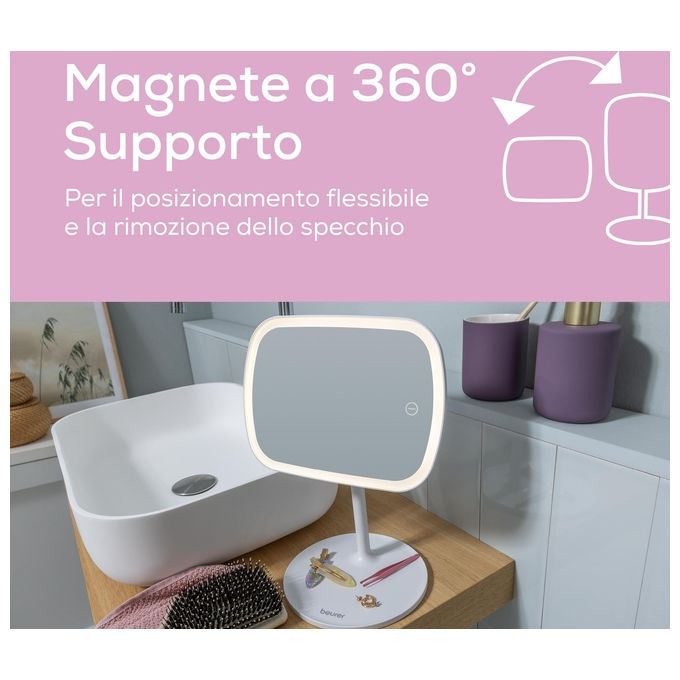 Beurer BS 47 Specchio cosmetico ricaricabile con 33 luci LED e pusante sensor touch -  Specchio con aggancio magnetico no zoom - 3 luci impostabili (calda fredda e naturale) - Con batteria agli ioni di litio per 3 ore di utilizzo senza fili - Funzione d