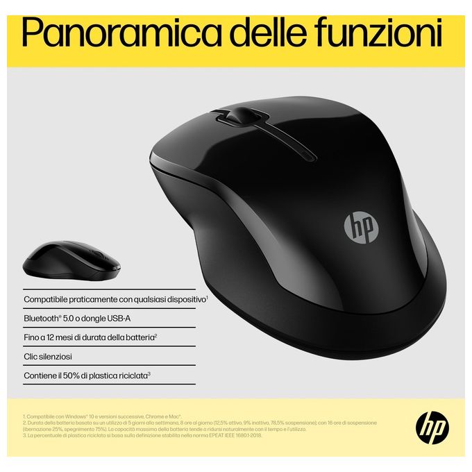 HP 6V2J7AA 250 Mouse Wireless Dual Mode Bluetooth 5.0 USB-A 1600 DPI Ambidestro colore Nero