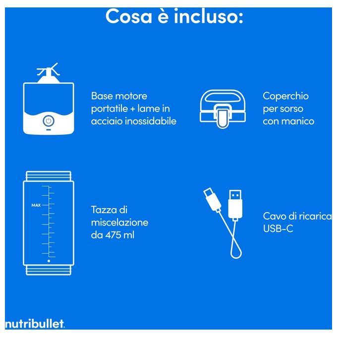 NutriBullet NBP003W Frullatore Portatile per Sportivi 0,475 L Ricaricabile USB-C Tritaghiaccio senza BPA colore Bianco