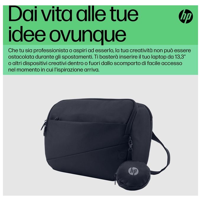 HP 6M5S4AA Borsa a tracolla per laptop Creator 13.3 pollici in materiale riciclato resistente all'acqua con scomparto ad accesso rapido e protezione RFID colore Blu marino