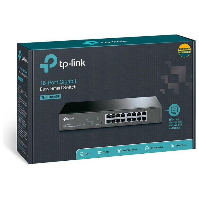 TP-Link TL-SG1016DE Switch Desktop Easy Smart, 16 Porte RJ45 Gigabit 10-100-1000 Mbps, Plug and Play, Struttura in Acciaio