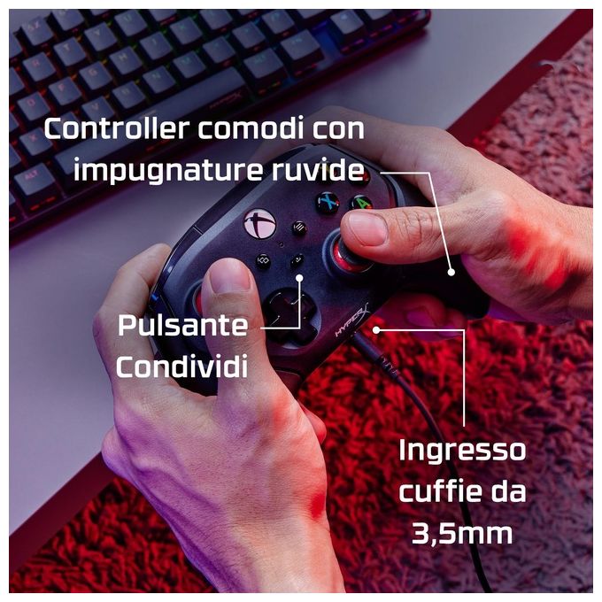 HyperX 6L366AA Clutch Gladiate Controller di gioco cablato con licenza ufficiale Xbox Pulsanti programmabili Trigger Lock Doppi motori Rumble Jack 3.5 mm colore Nero