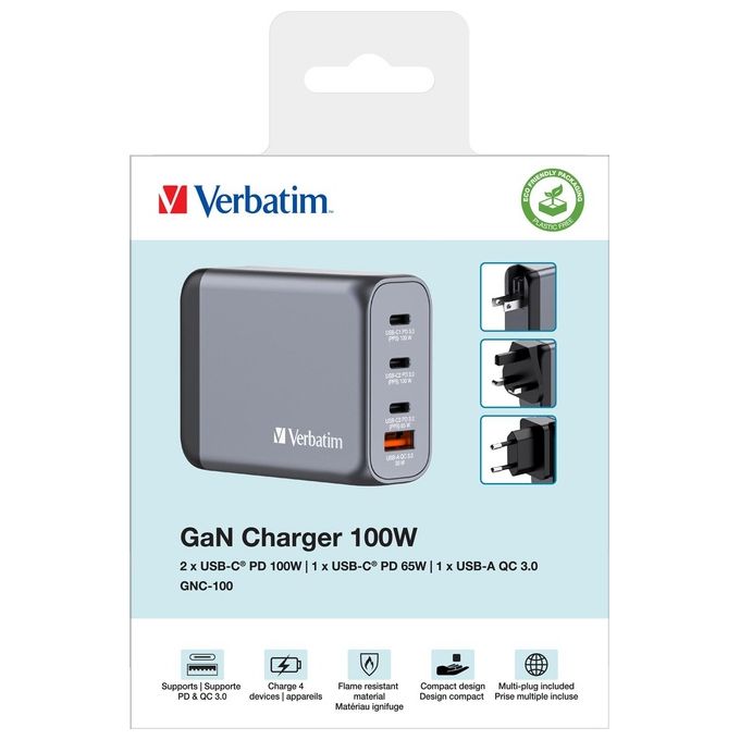 Verbatim 32202 GNC-100 Caricatore da muro 100 W con 3 USB-C PD 3.0 e 1 USB-A QC 3.0 colore Nero Grigio