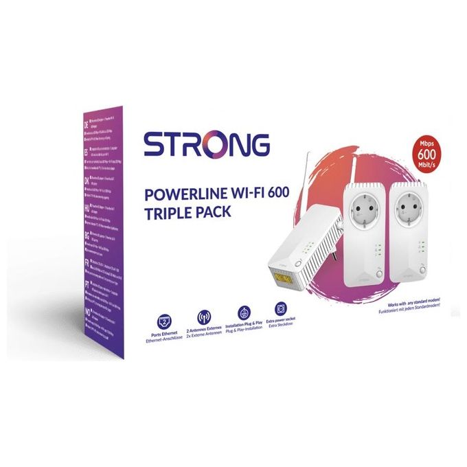 Strong PLWF600TRIEUV2 Powerline Wi-Fi 600 Kit Triplo 600 Mbps Wi-Fi 300 Mbps Presa Passante Schuko Plug and Play colore Bianco