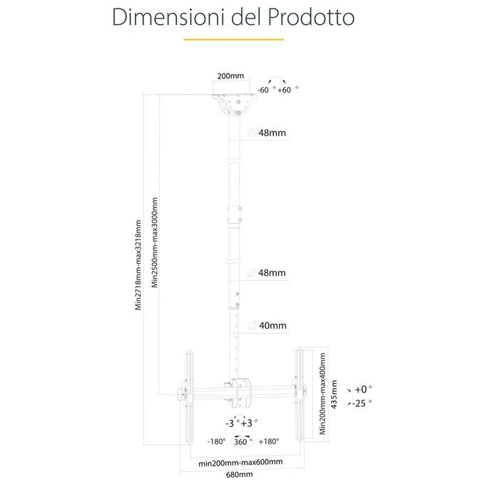 Startech Supporto da Soffitto per Televisione a Schermo Piatto Multidirezionale Palo da 2,5mt a 2,9mt