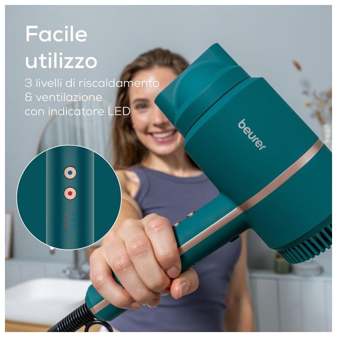 Beurer HC 35 Ocean Asciugacapelli 2000 W Ioni 3 velocita' 3 temperature Custodia e Concentratore inclusi colore Blu Petrolio