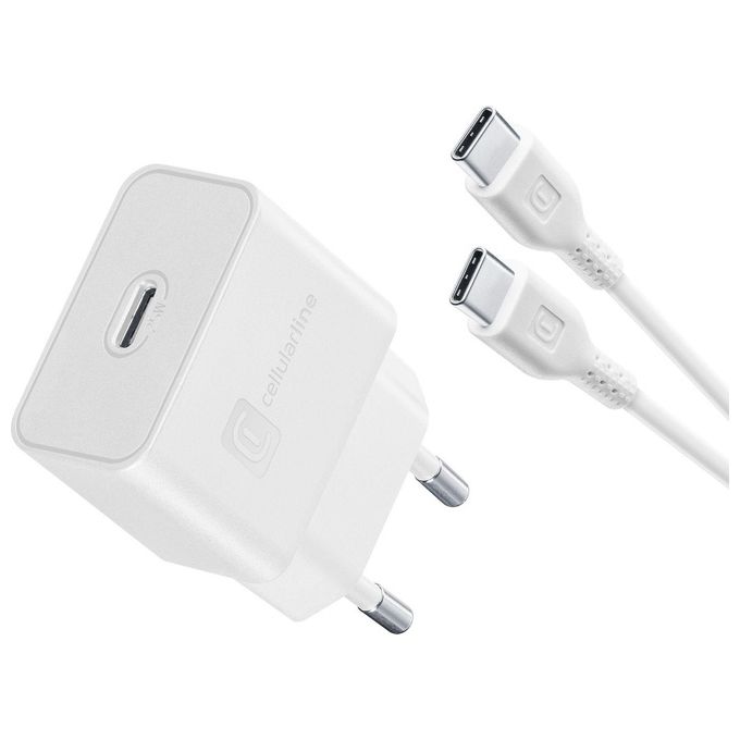 Cellularline ACHSMKITC2CPD25WW Caricabatterie da Rete Kit Super Fast Charge PD 25W Samsung USB-C con cavo USB-C a USB-C 1m colore Bianco