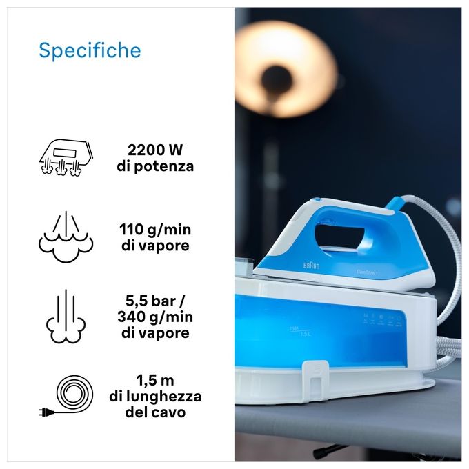 Braun IS1012BL CareStyle 1 Ferro da Stiro con Caldaia 2400W 1.5L 5.5 bar piastra SuperCeramic colore Bianco Blu