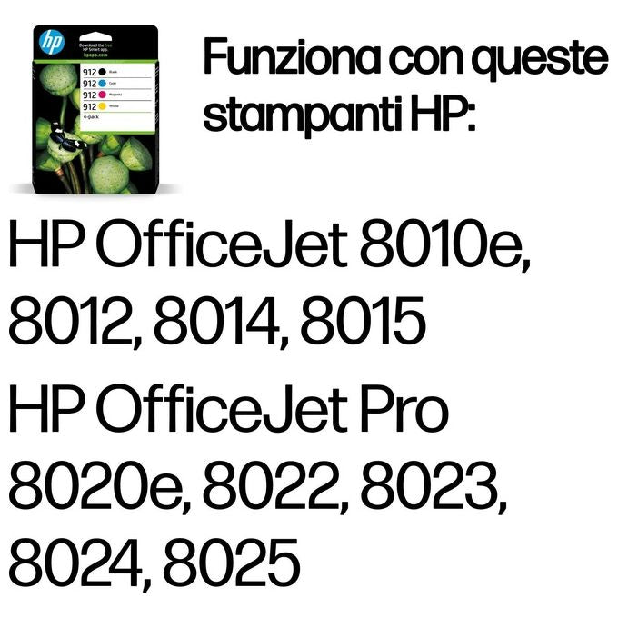 HP 6ZC74AE Confezione da 4 cartucce di inchiostro originali HP 912 tipo pigmento nero ciano magenta giallo resa 300-315 pagine colore Nero
