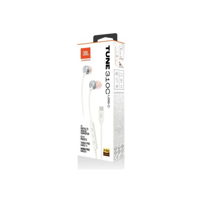 JBL Tune 310 C Auricolari In-Ear ad Alta Risoluzione Audio con Cavo Piatto Antigroviglio Comando a 3 Tasti Bassi Profondi JBL Pure Bass Bianco