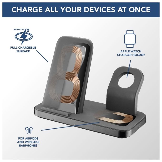 Cellularline WIRELESS3IN1IPHK Trio Wireless Charger Supporto di Ricarica Wireless 3in1 per iPhone Apple Watch AirPods 7.5W colore Nero