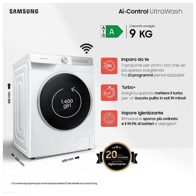 [ComeNuovo] Samsung WW90T734DWH Lavatrice Carica Frontale AI Control UltraWash Classe energetica A Capacita' di carico 9 Kg Centrifuga 1400 giri Motore Digital Inverter Vapore Igenizzante Ecodosatore Ecolavaggio
