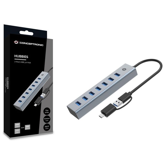 Conceptronic HUBBIES21G Hub USB 3.0 a 7 porte con cavo 2 in 1 USB A-C alimentazione USB-C 5 Gbps colore Grigio