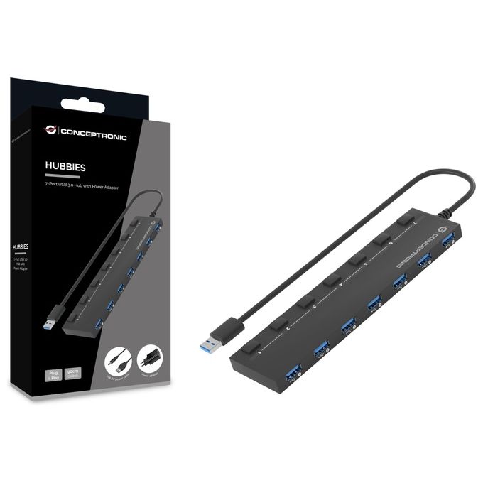 Conceptronic HUBBIES19BP Hub USB 3.2 Gen 1 a 7 porte con alimentatore incluso interruttori di alimentazione individuali cavo da 90 cm colore Nero