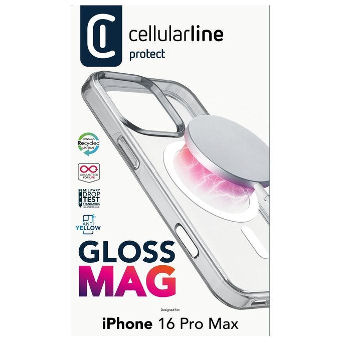 Cellularline GLOSSMAGIPH16PRMT Gloss Mag Cover iPhone 16 Pro Max MagSafe Certificazione MIL-STD-810G colore Trasparente