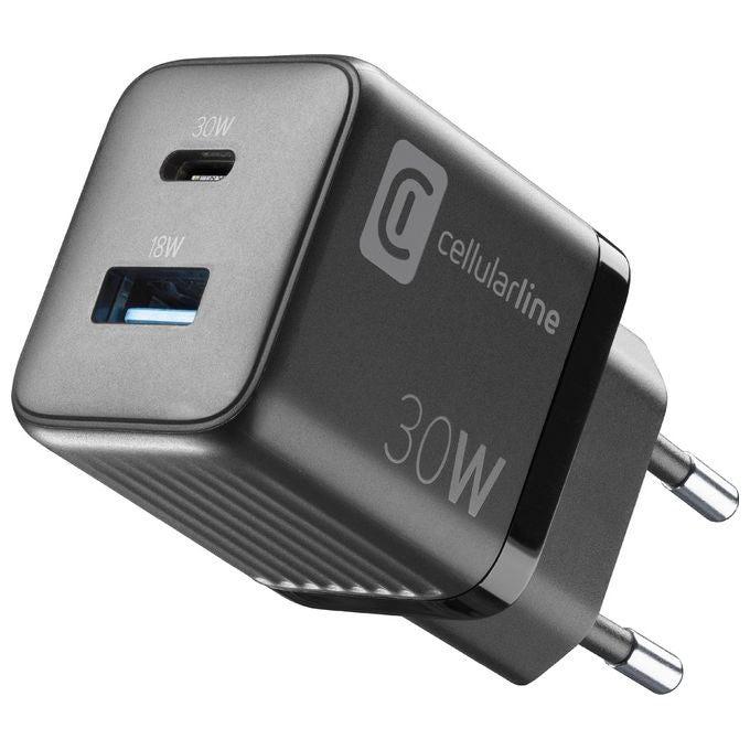 Cellularline ACHUSBGAN2PD30WK Multipower Micro Caricabatterie da Rete 2 Porte USB-C GaN 30W Super Fast Charging colore Nero