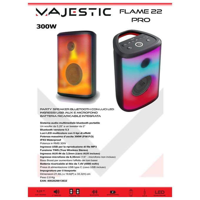 New Majestic 116322 BK FLAME 22 PRO Altoparlante Bluetooth 5.3 Potenza 30 W RMS USB Type-C IPX5 colore Nero