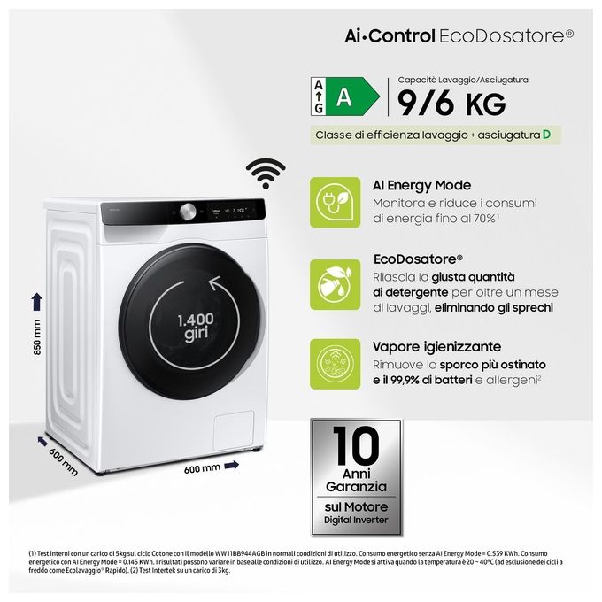 Samsung WD90DG6B85BKU3 AI Control Lavasciuga Frontale 9-6 Kg 1400 rpm Classe A EcoDosatore AI Wash Wi-Fi (85x60x60 cm) colore Nero Bianco
