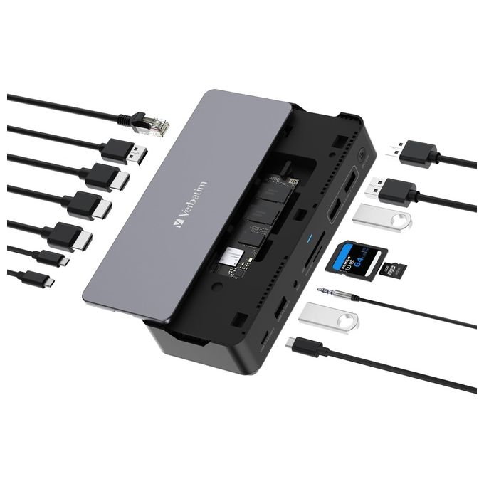 Verbatim CDS-15SSD USB-C Pro Docking Station 15 Porte SSD 256 GB 8K Ultra HD Power Delivery 100W colore Nero Grigio