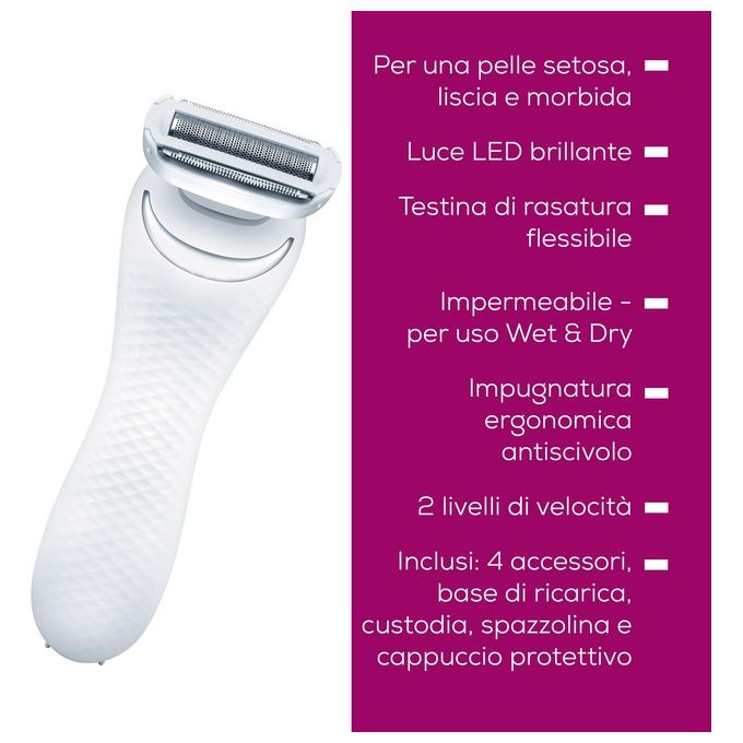 Beurer HL 36 Rasoio elettrico donna bagnato e asciutto 2 velocita' autonomia 60 min luce LED IPX7 colore Bianco Rosa