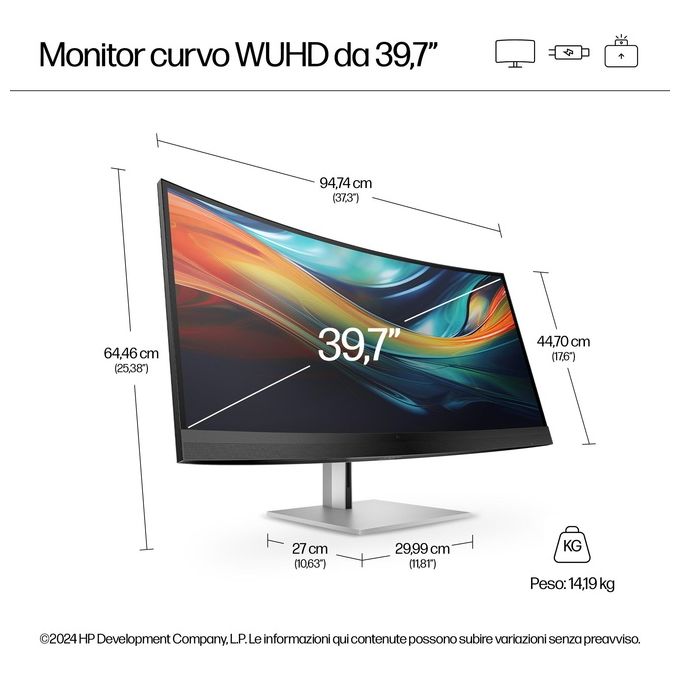 HP 8Y2R2AA#ABB Serie 7 Pro Monitor Curvo 40'' 5120 x 2160 WUHD IPS Thunderbolt 3 HDMI DisplayPort Altoparlanti Webcam 4K colore Nero Argento