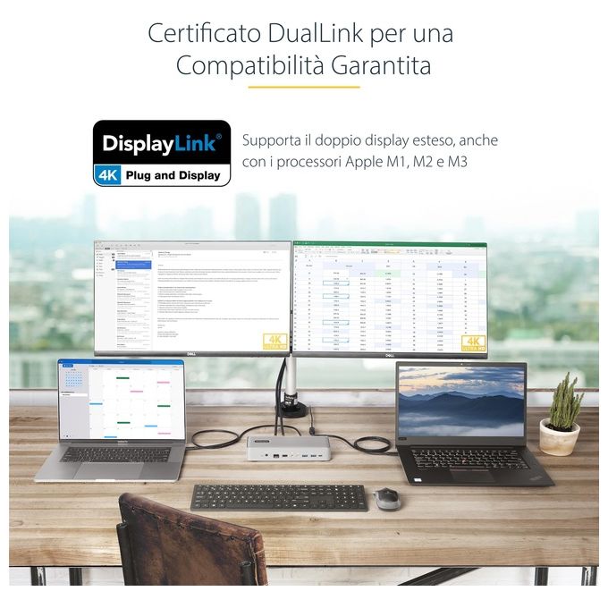 StarTech.com 129UE-USBC-KVM-DOCK KVM Docking Station USB-C per due laptop doppio monitor 4K 60 Hz hub USB 5 porte GbE alimentazione 90W 45W colore Argento