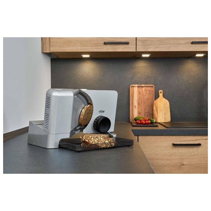 Ritter E 16 Affettatrice elettrica compatta in metallo con motore ECO 65 W lama dentata da 17 cm regolazione continua fino a 20 mm colore argento metallico