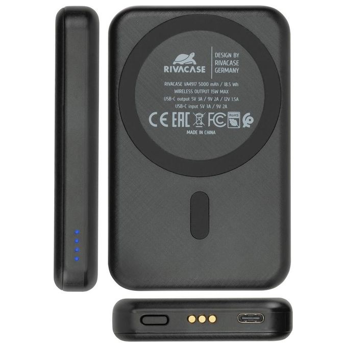 Rivacase VA4917 Caricabatterie Wireless Qi 3 in 1 MagSafe 15W Power Bank 5000 mAh Ricarica Rapida QC PD 20W colore Nero
