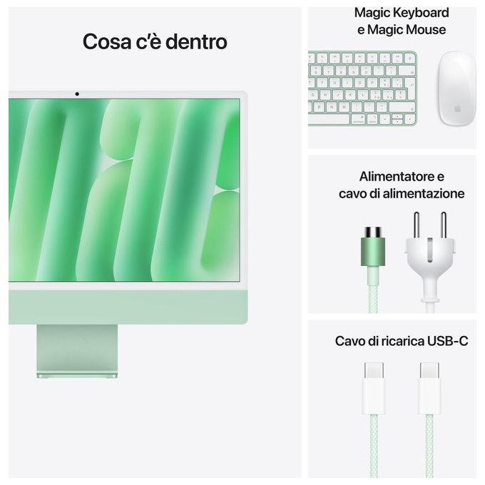 Apple MWUE3T-A iMac PC All-in-One Chip M4 CPU 8-core GPU 8-core Display Retina 24'' 16GB 256GB SSD colore Verde