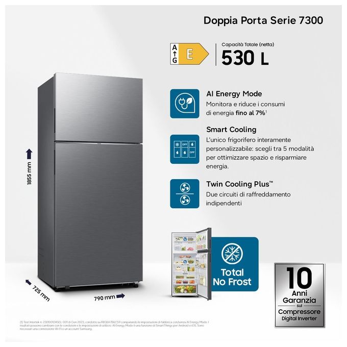 Samsung RT53DG7A14S9 Serie 7300 AI Frigorifero Doppia Porta 530 L 185,5 cm Classe E 37 dB No Frost Twin Cooling Plus WiFi colore Metal Inox