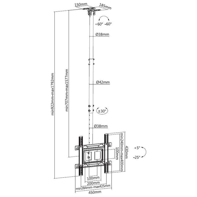 Equip 650321 Staffa TV da 32'' a 70'' per Montaggio a Soffitto Inclinazione 5 - 25° Rotazione ±30° VESA 100x100 - 400x400 mm colore Nero