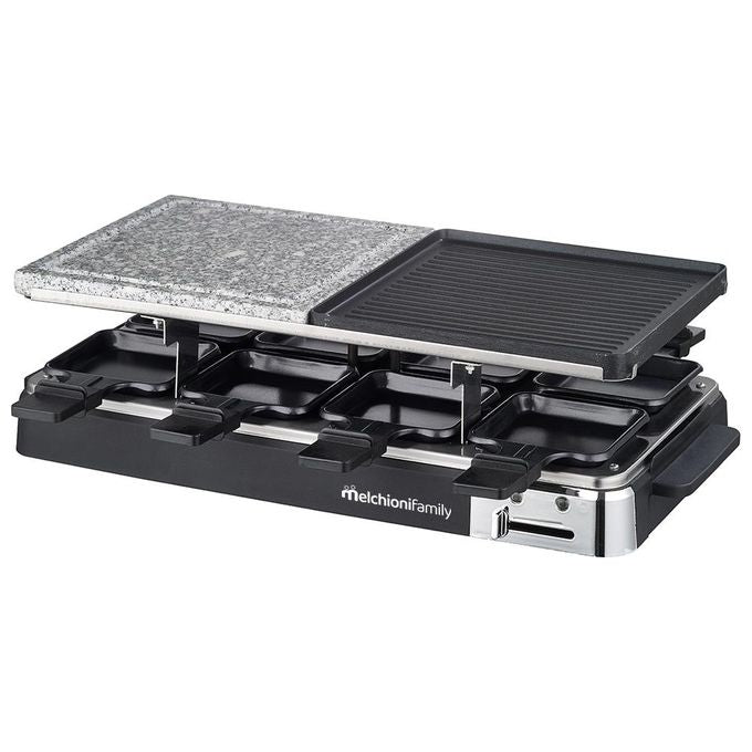 Melchioni 118380036 Olimpia Set Piastra e Pietra Raclette 8 Vaschette 1200W Termostato Regolabile colore Nero