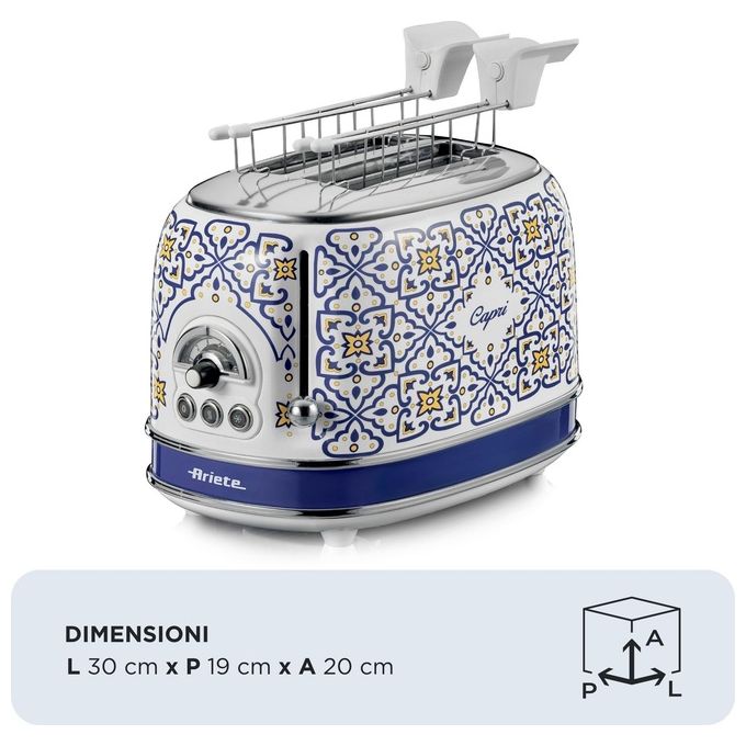 Ariete 155-0C Capri Tostapane 2 Fette 815W 6 Livelli di Doratura Vassoio Raccogli Briciole Funzione Defrost colore Bianco e Blu